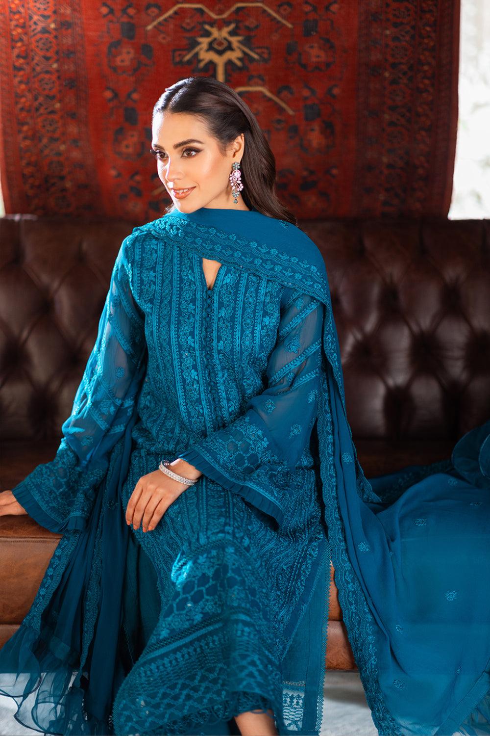 Azure | Luxe Chiffon Unstitched | Gilded Sea | Aarzu