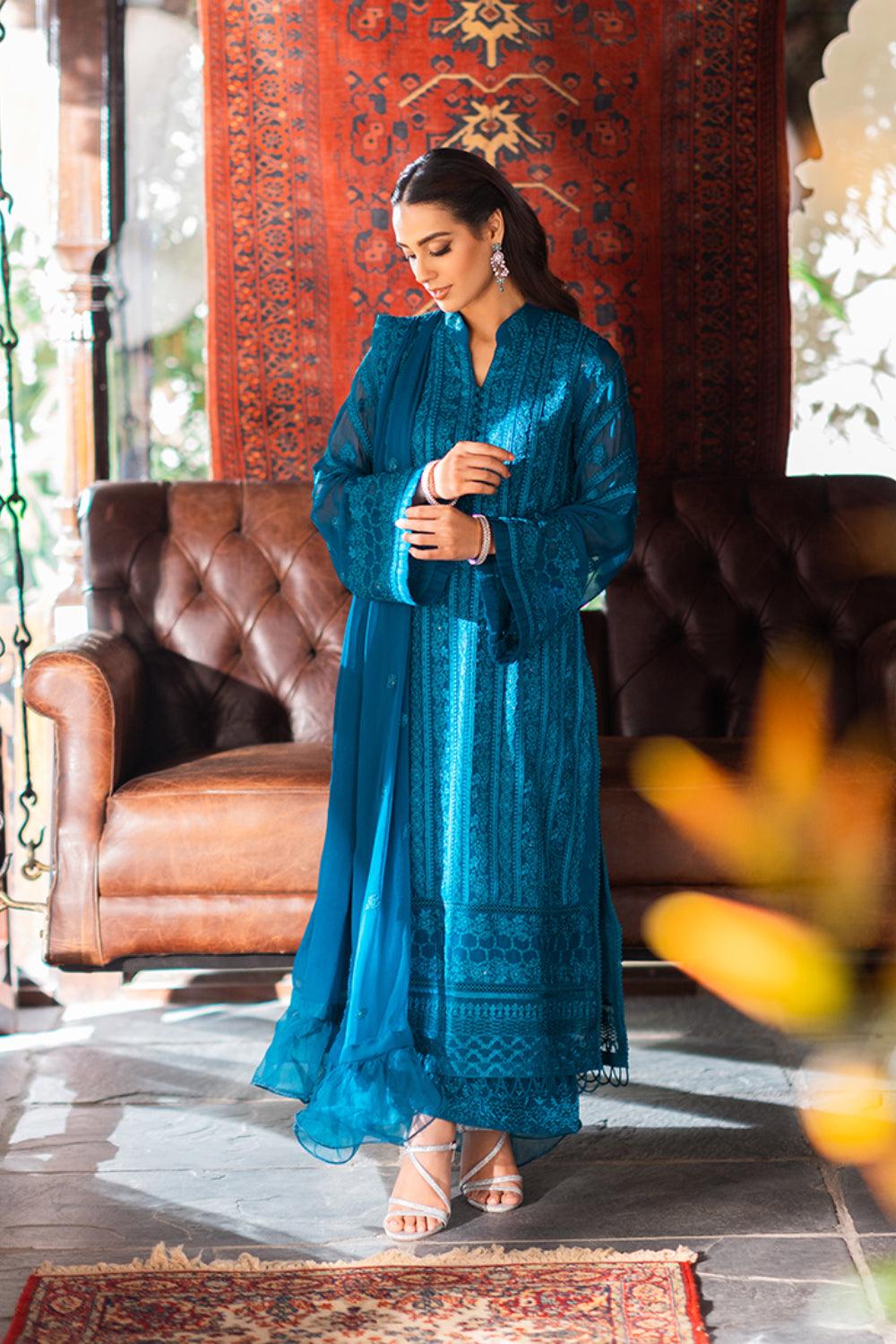 Azure | Luxe Chiffon Unstitched | Gilded Sea | Aarzu