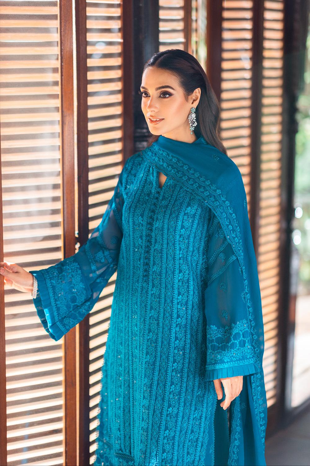 Azure | Luxe Chiffon Unstitched | Gilded Sea | Aarzu