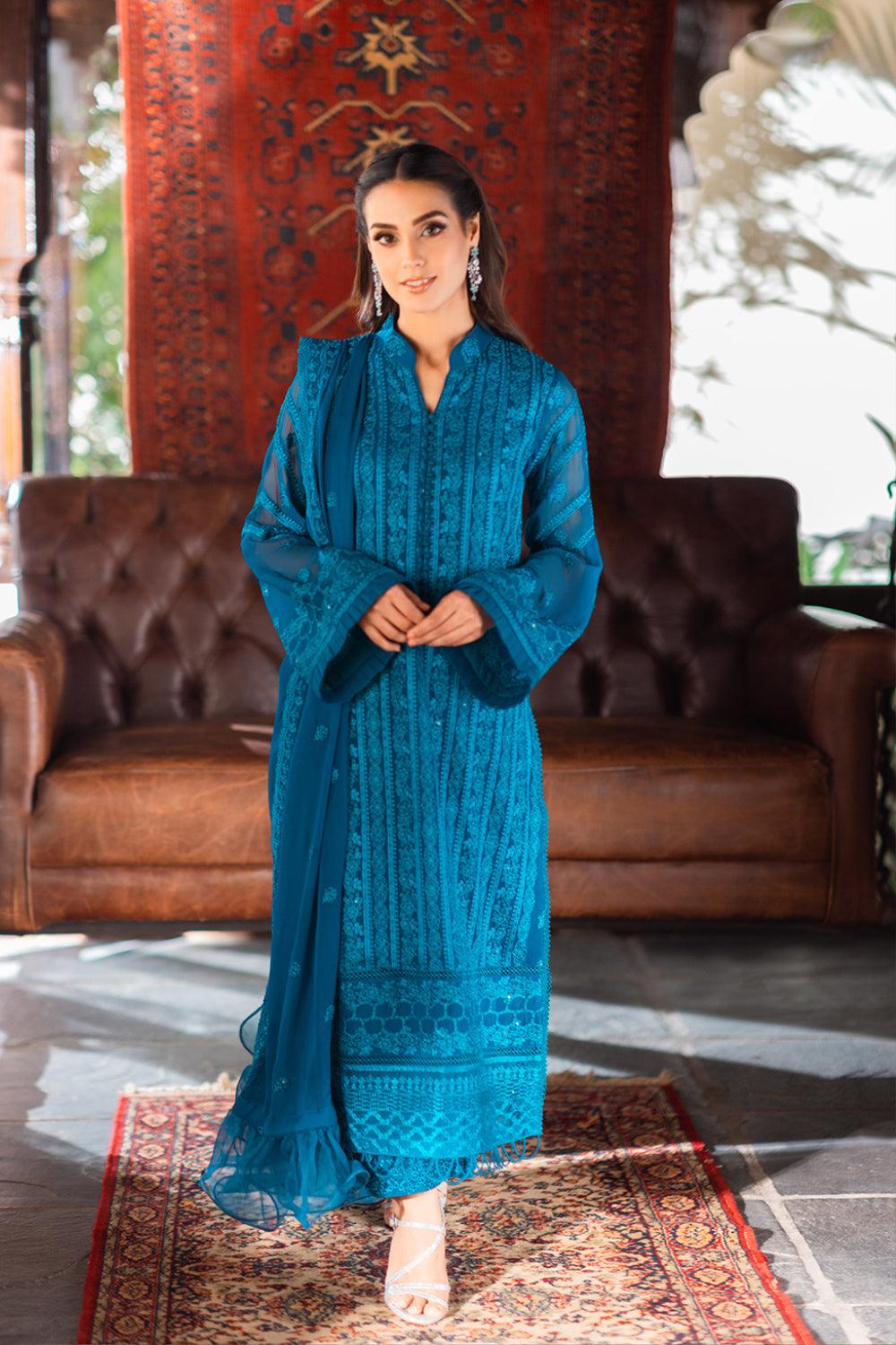 Azure | Luxe Chiffon Unstitched | Gilded Sea | Aarzu