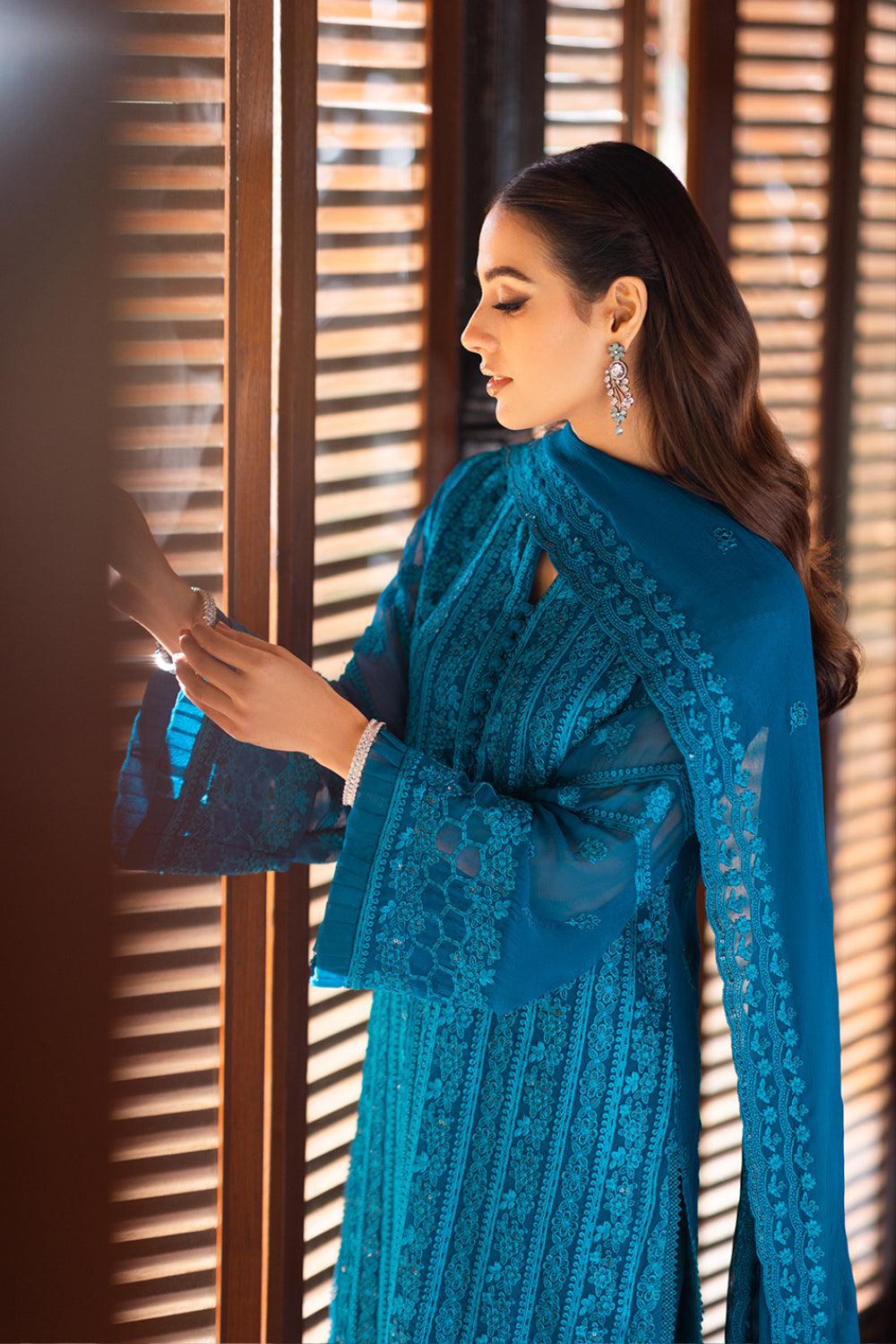 Azure | Luxe Chiffon Unstitched | Gilded Sea | Aarzu