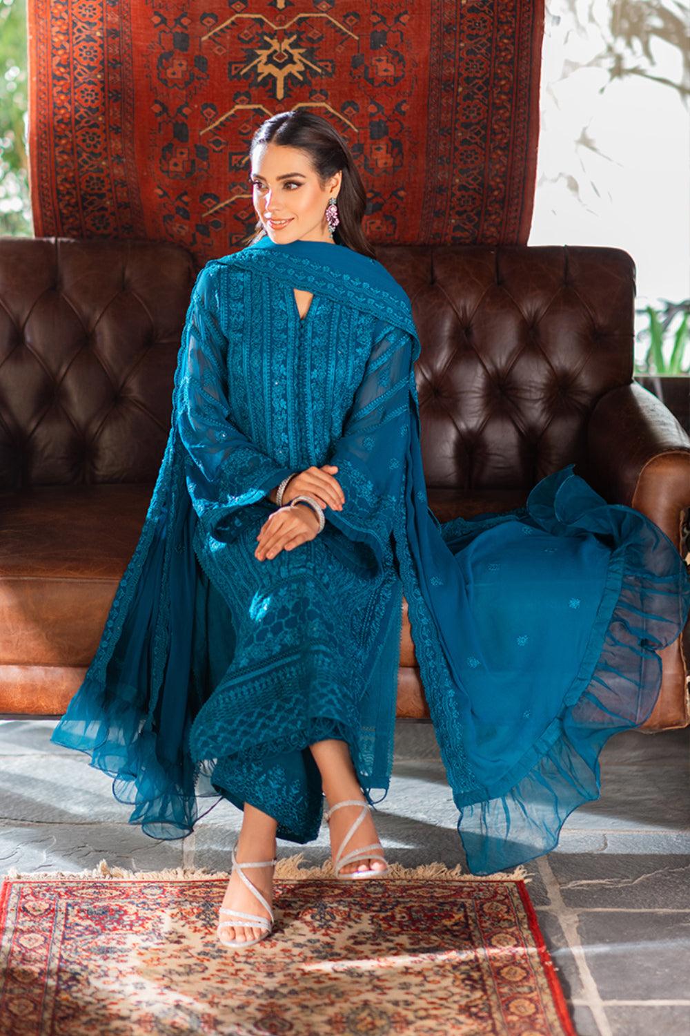 Azure | Luxe Chiffon Unstitched | Gilded Sea | Aarzu