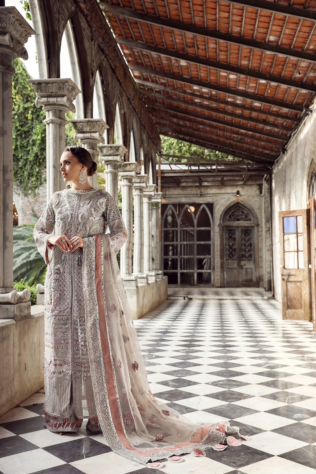 Maryam Hussain RAHA Festive Wedding Unstitched, Sarai with silver and brown tone embellishments on muted grey organza&nbsp;