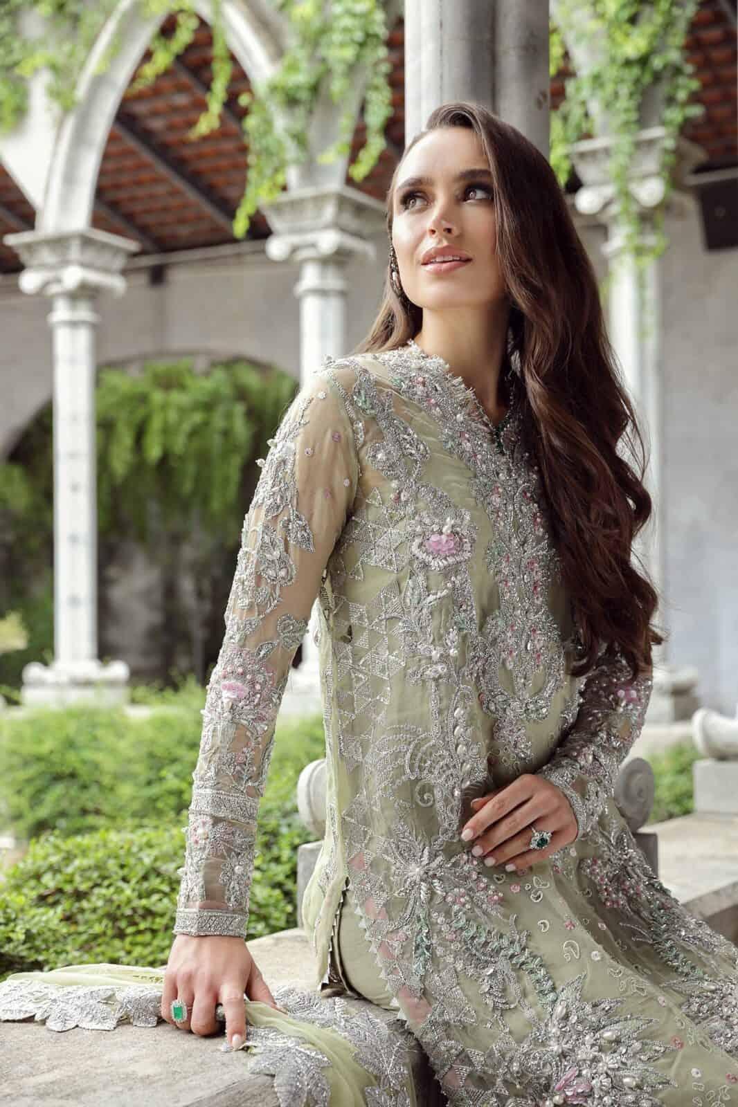 Maryam Hussain RAHA Festive Wedding Unstitched Nurey, Colourful hand embellishment  and embroidery on pastel green organza