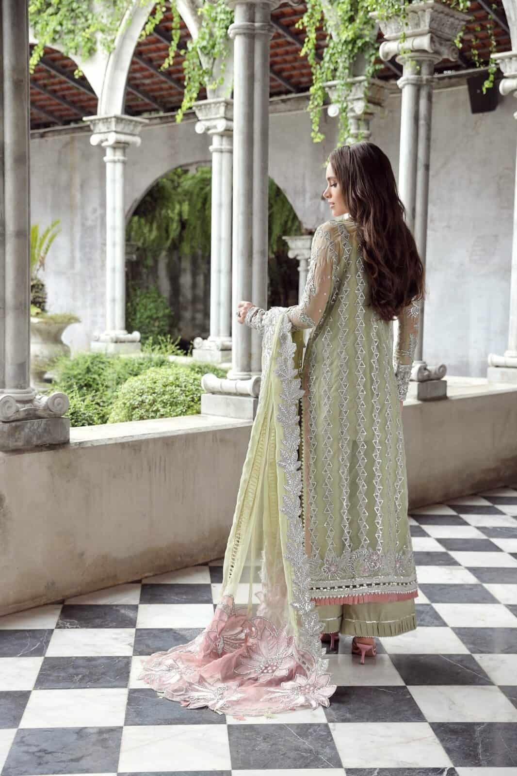 Maryam Hussain RAHA Festive Wedding Unstitched Nurey, Colourful hand embellishment  and embroidery on pastel green organza