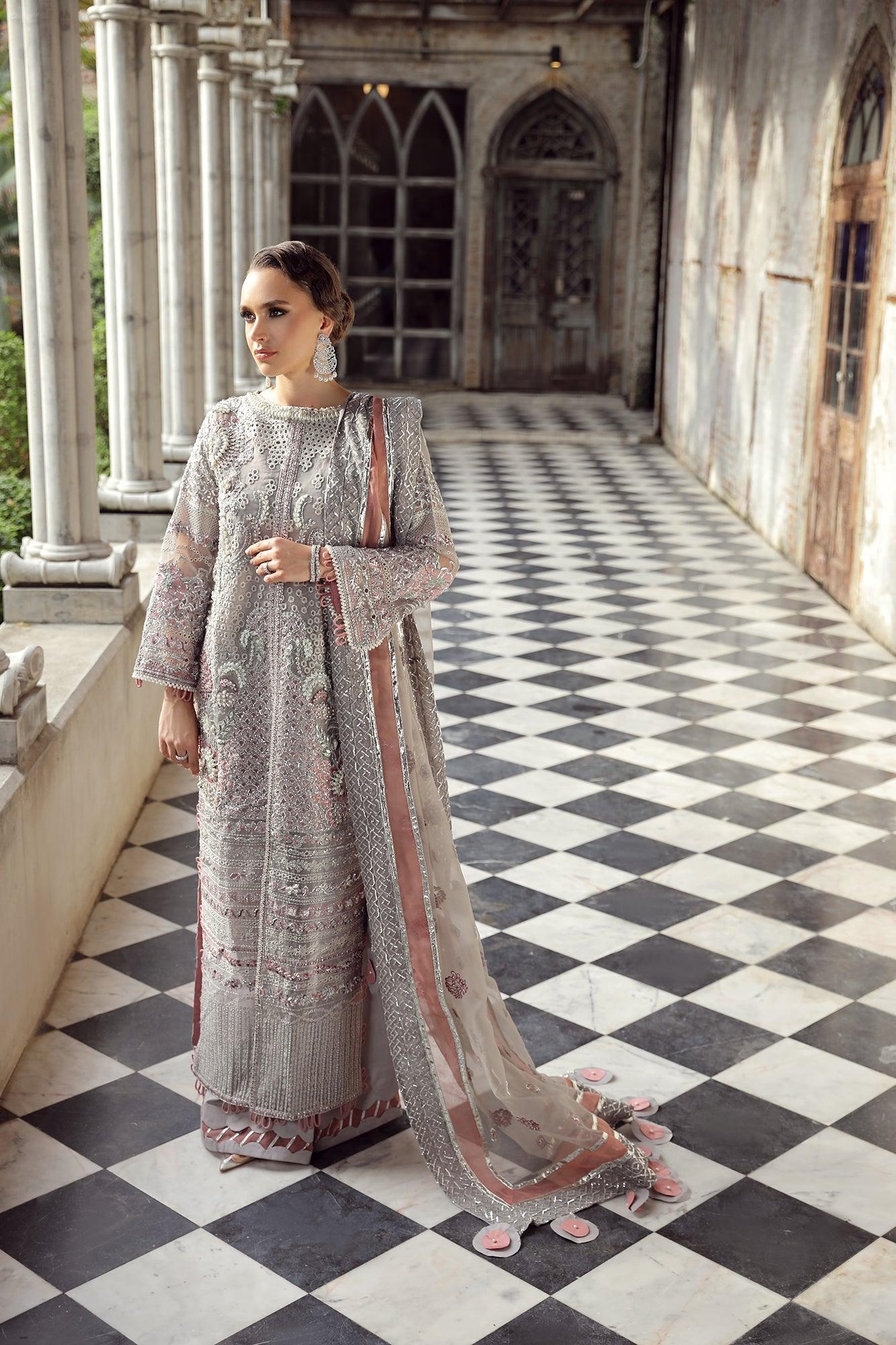 Maryam Hussain RAHA Festive Wedding Unstitched, Sarai with silver and brown tone embellishments on muted grey organza&nbsp;