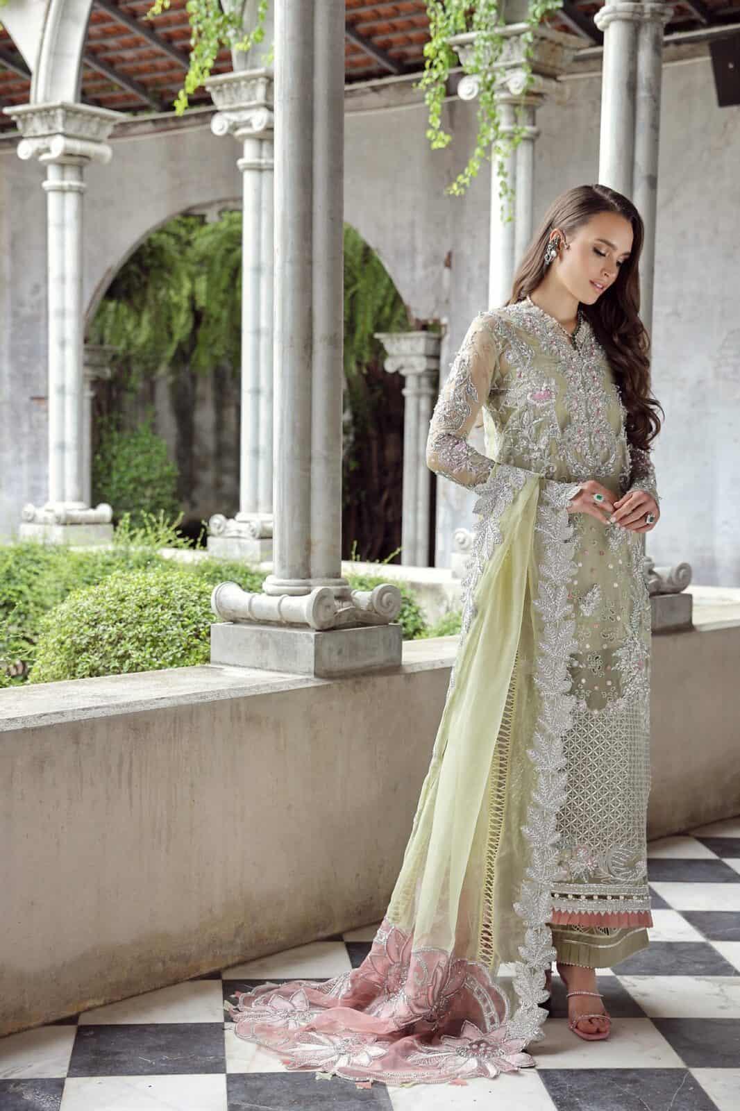 Maryam Hussain RAHA Festive Wedding Unstitched Nurey, Colourful hand embellishment  and embroidery on pastel green organza