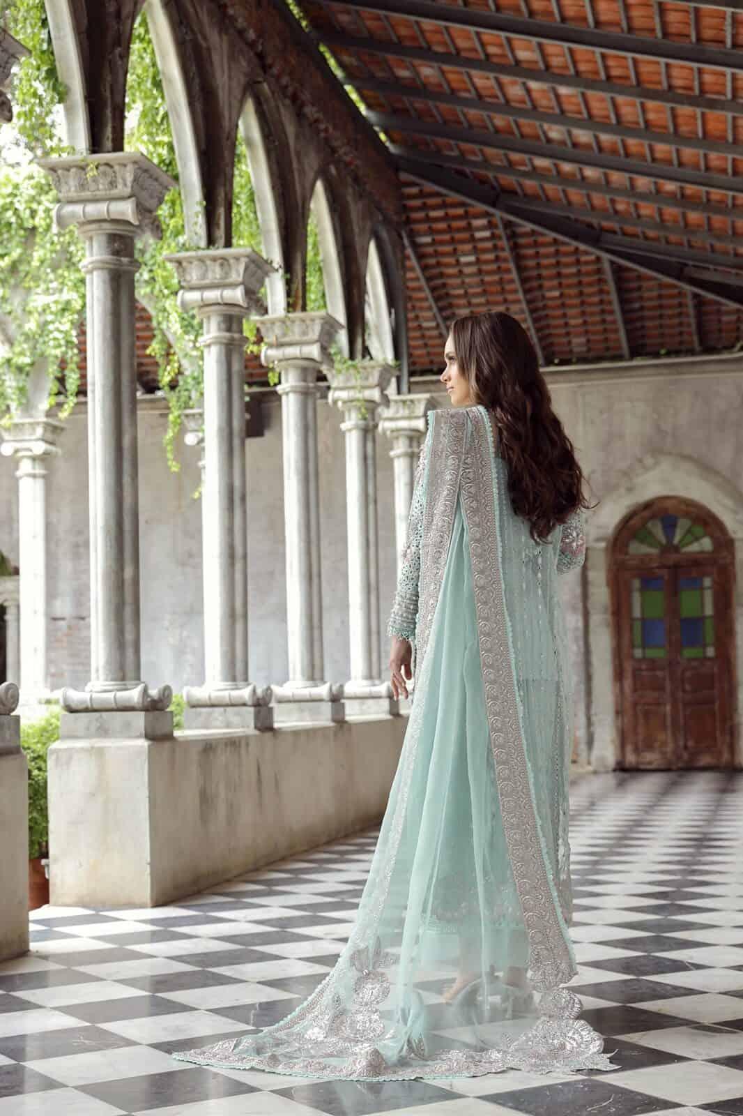 Maryam Hussain RAHA Festive weddings unstitched suit Alara, featuring intricate silver embroidery on light blue Organza