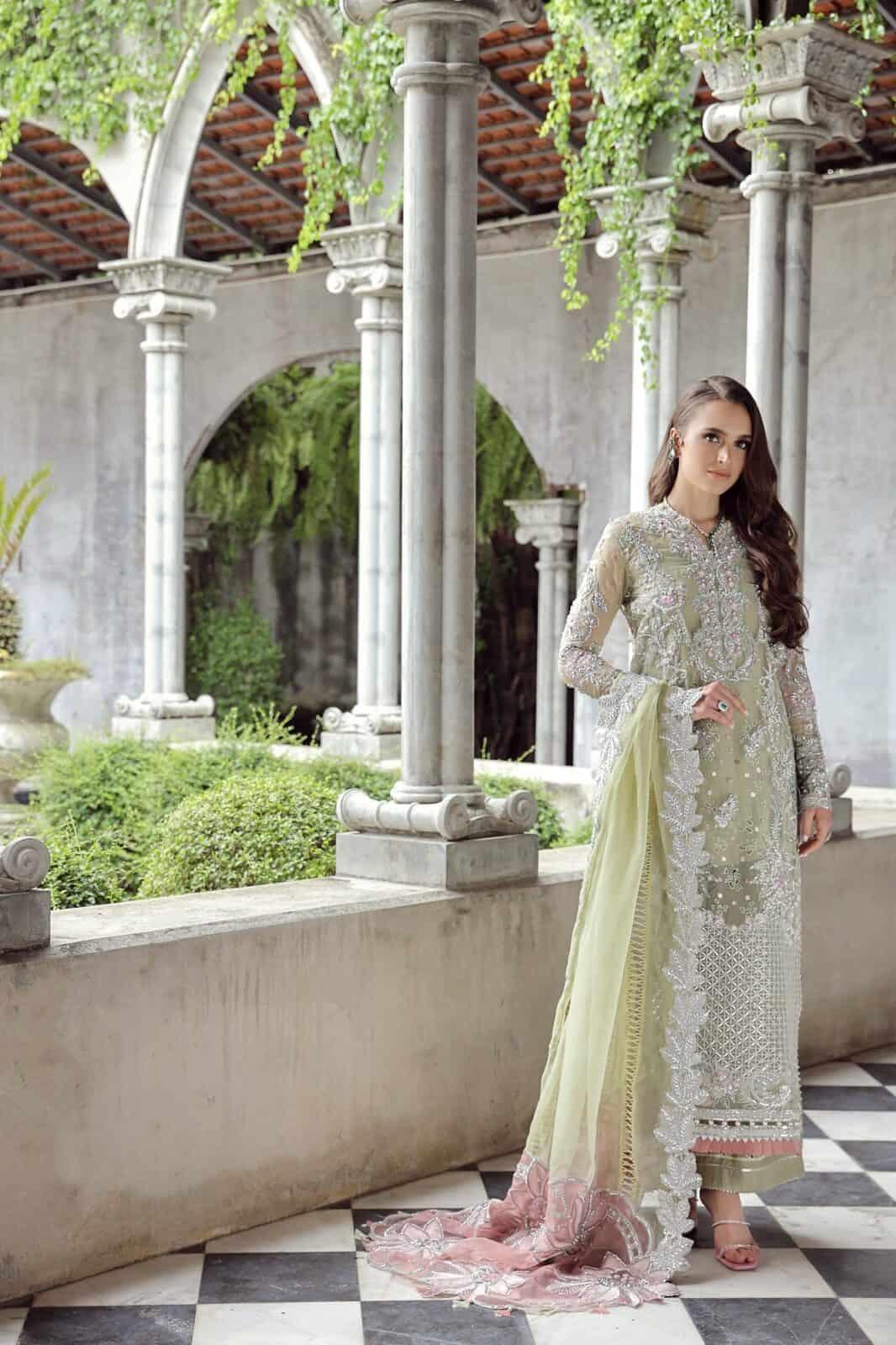 Maryam Hussain RAHA Festive Wedding Unstitched Nurey, Colourful hand embellishment  and embroidery on pastel green organza