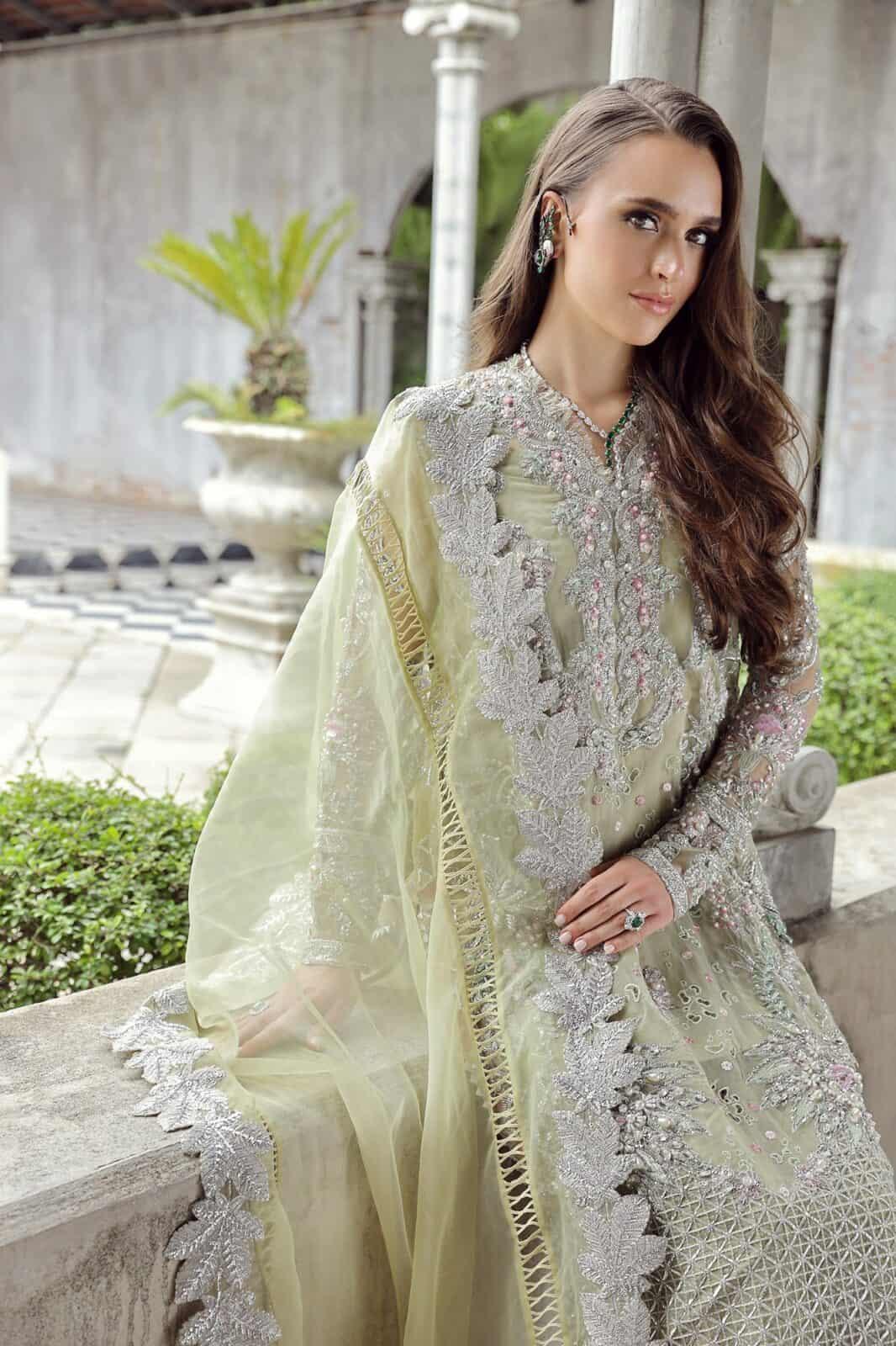 Maryam Hussain RAHA Festive Wedding Unstitched Nurey, Colourful hand embellishment  and embroidery on pastel green organza