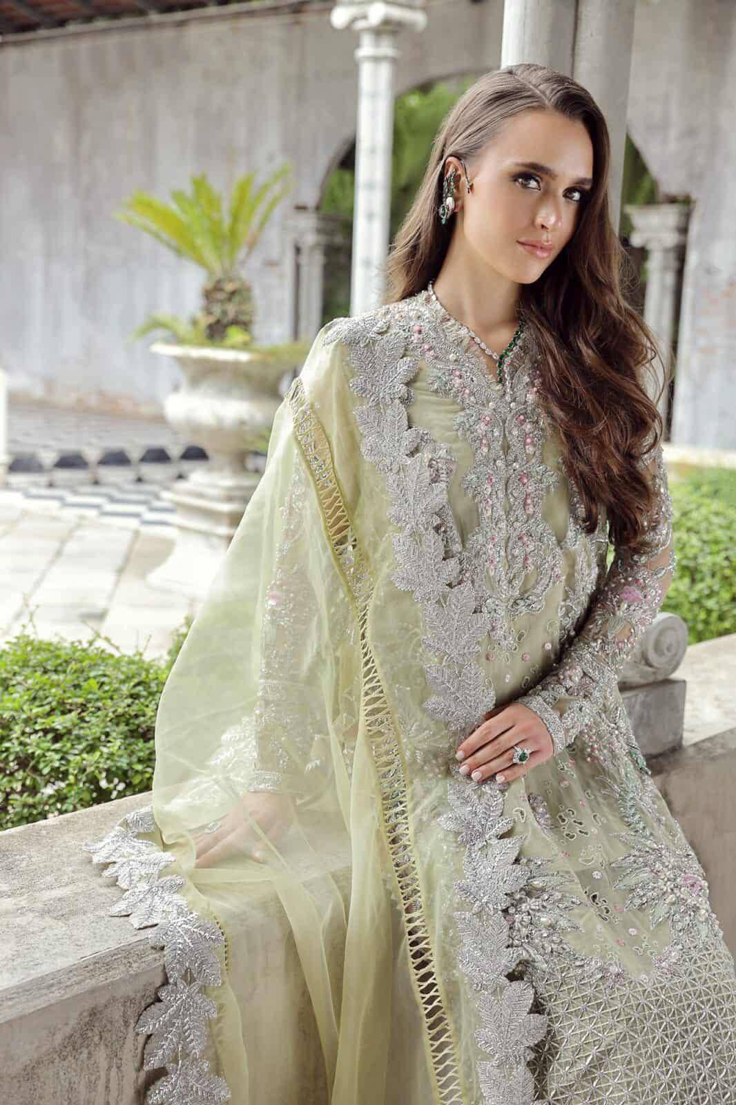Maryam Hussain RAHA Festive Wedding Unstitched Nurey, Colourful hand embellishment  and embroidery on pastel green organza