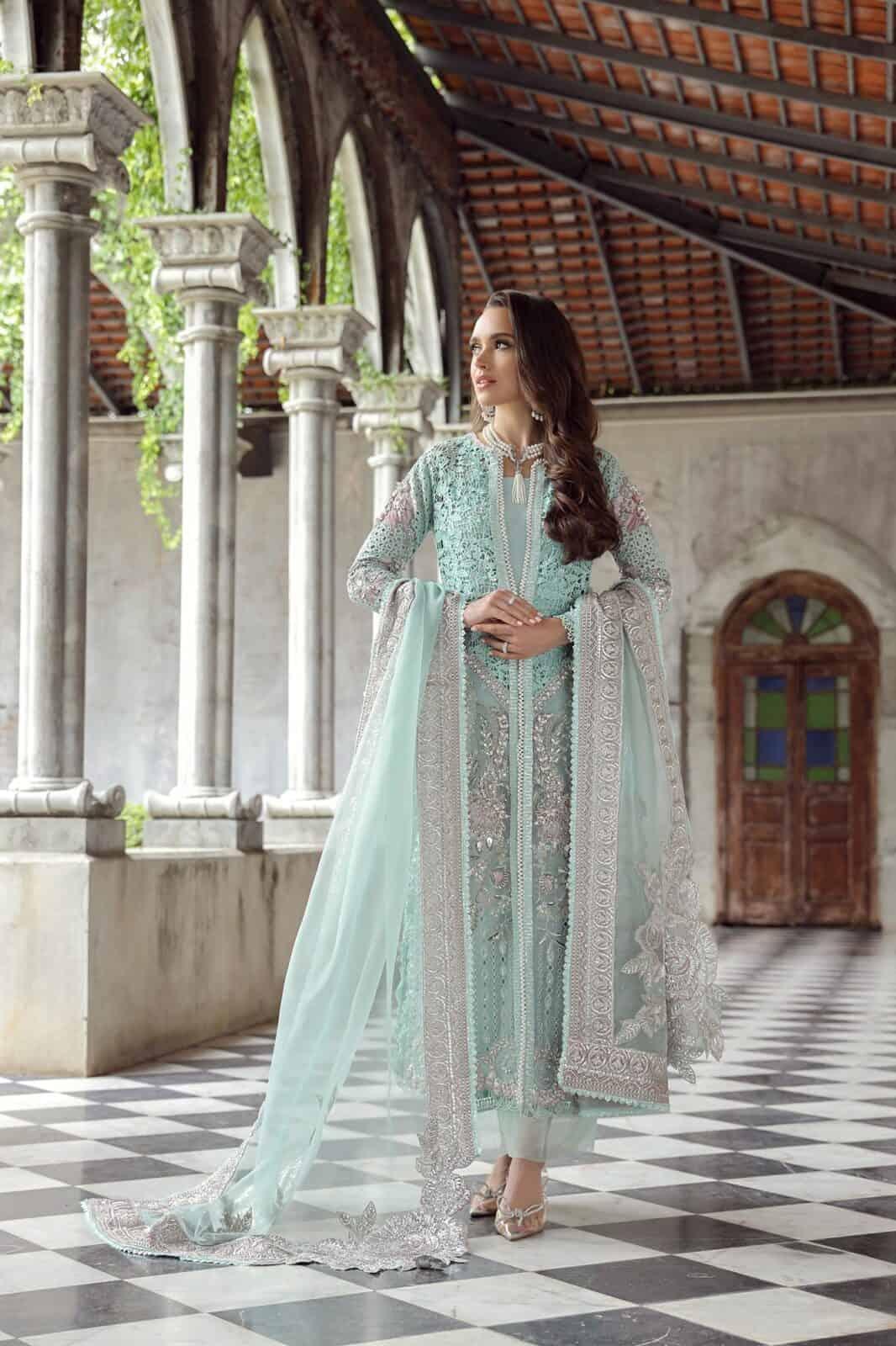 Maryam Hussain RAHA Festive weddings unstitched suit Alara, featuring intricate silver embroidery on light blue Organza