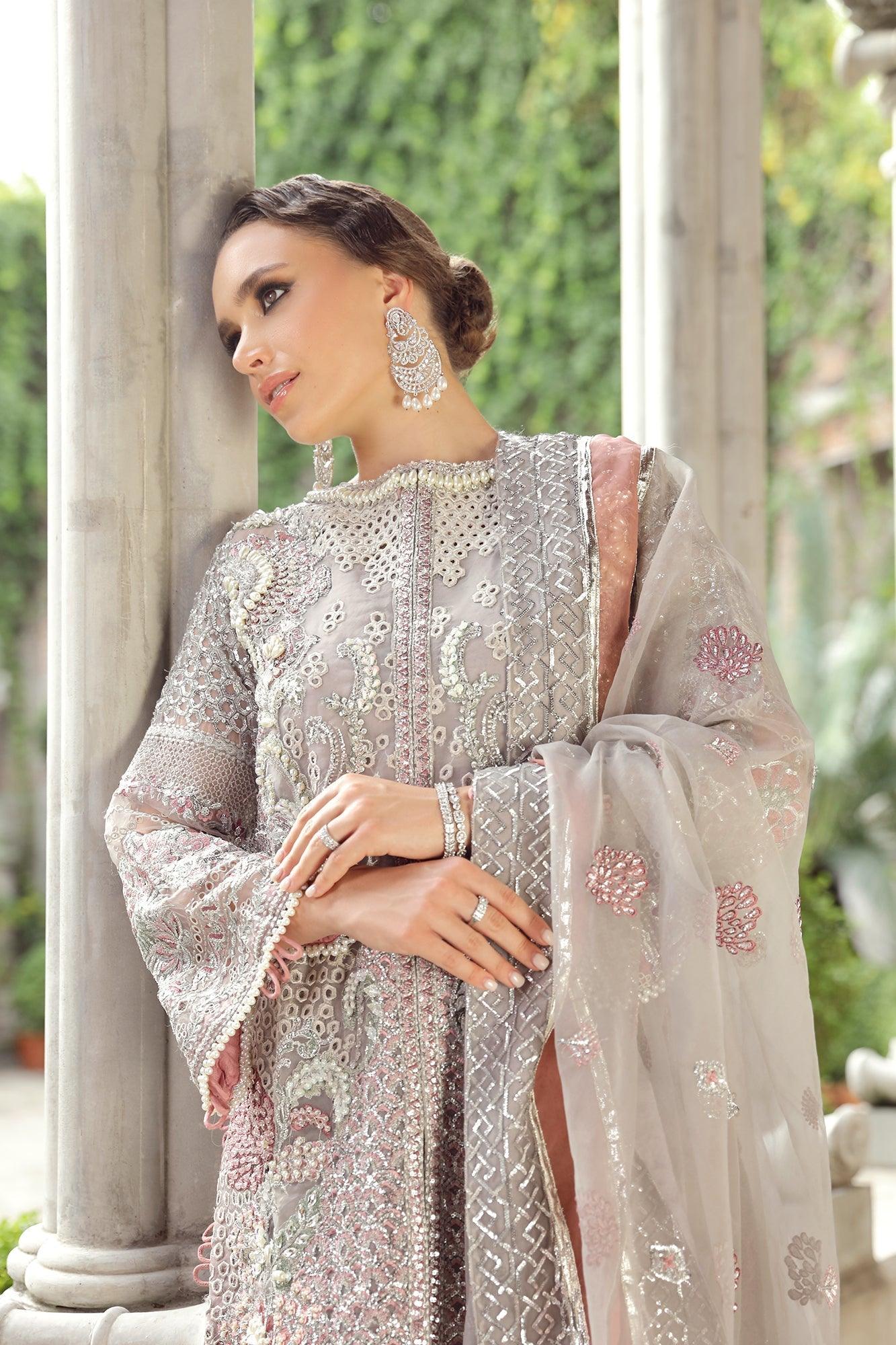 Maryam Hussain RAHA Festive Wedding Unstitched, Sarai with silver and brown tone embellishments on muted grey organza&nbsp;